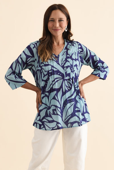 Fia Blue Botanical Sleeved Crinkle Cotton Top