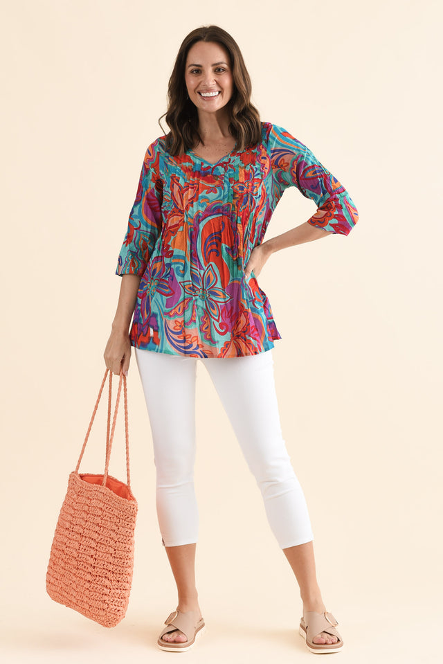 Fia Blue Foliage Sleeved Crinkle Cotton Top,Full Body,Brunette model,alt text|model:MJ image 2