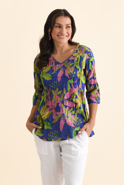Fia Blue Lily Sleeved Crinkle Cotton Top