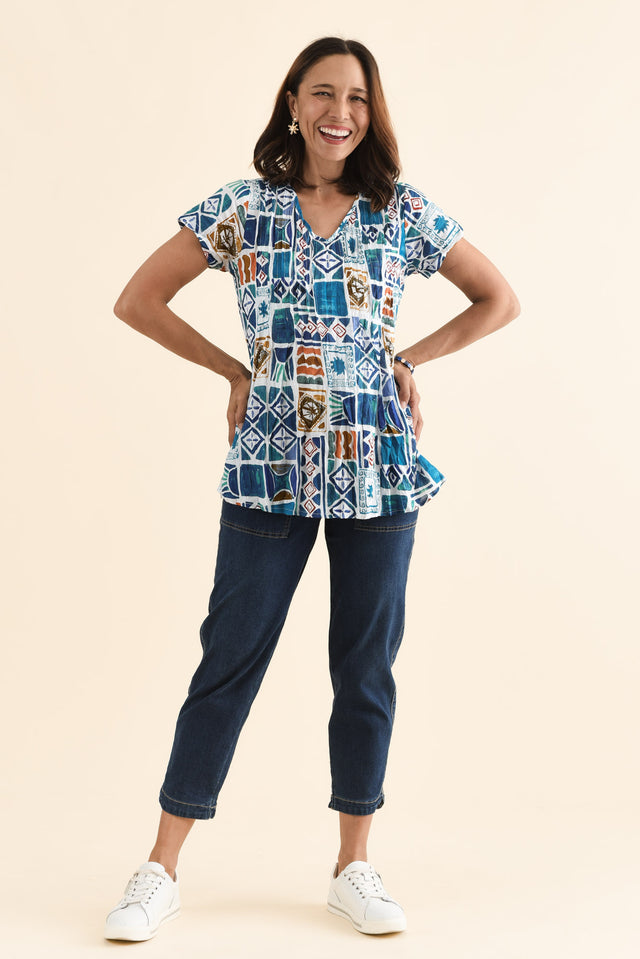 Fia Blue Tile Crinkle Cotton Top,Full Body,Brunette model,alt text|model:Cara image 2
