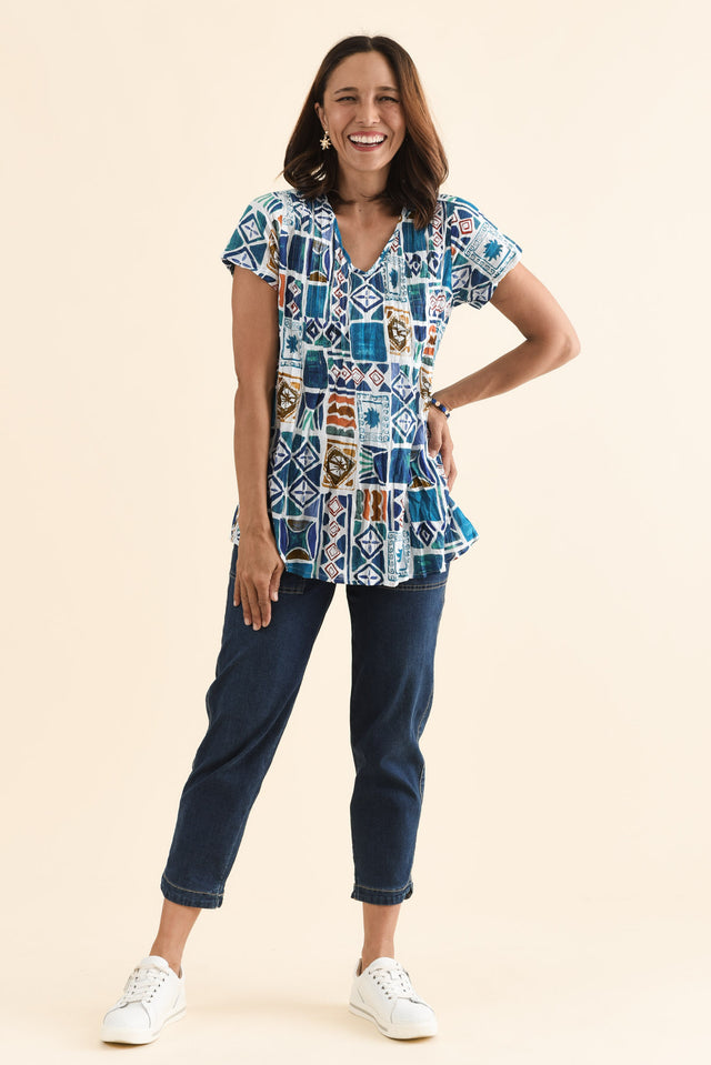 Fia Blue Tile Crinkle Cotton Top,Full Body,Brunette model,alt text|model:Cara image 6