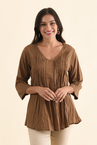 Fia Mocha Sleeved Crinkle Cotton Top