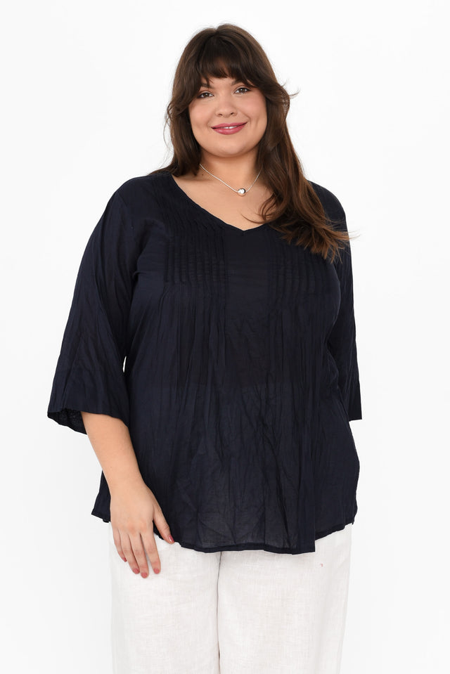 Fia Navy Sleeved Crinkle Cotton Top,Brunette model,plus-size,curve-tops,plus-size-cotton-tops,alt text|model:Gabby image 8