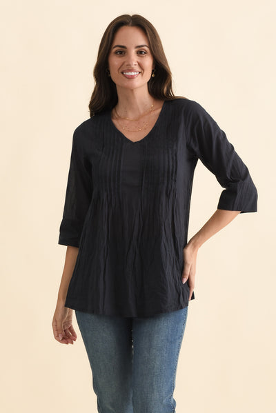 Fia Navy Sleeved Crinkle Cotton Top
