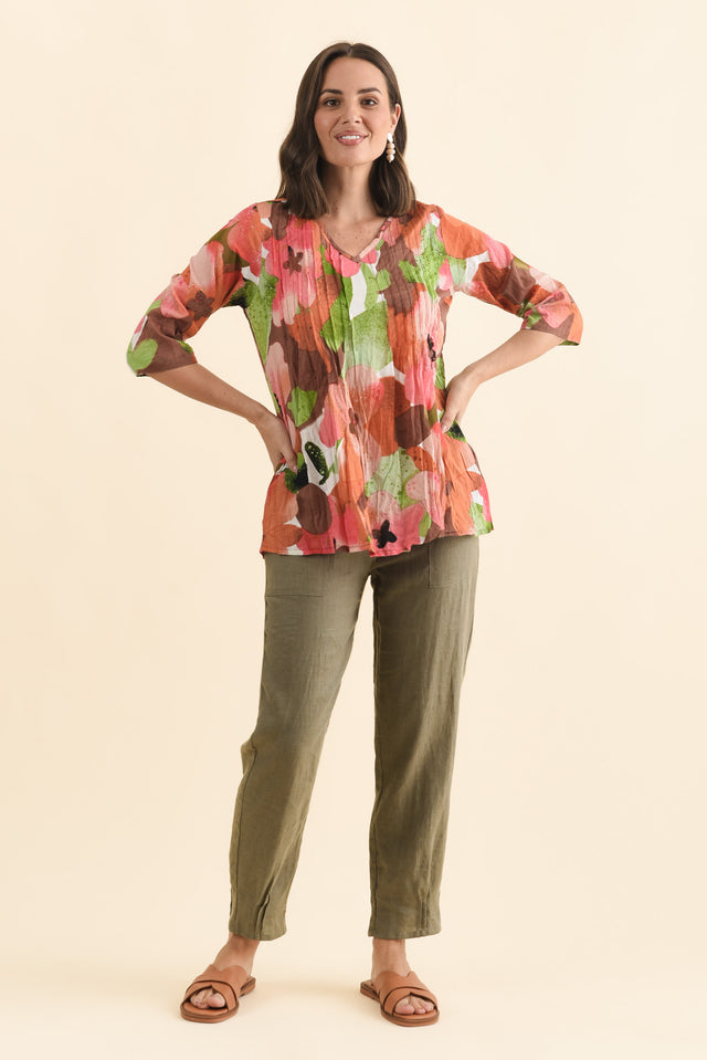 Fia Pink Floral Sleeved Crinkle Cotton Top,Brunette model,alt text|model:MJ image 7