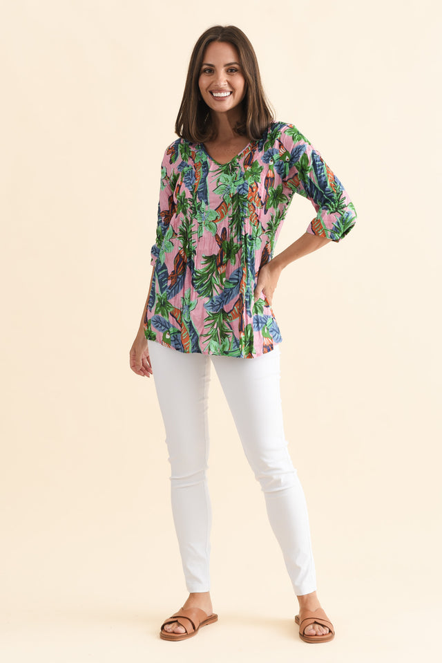 Fia Pink Tropical Sleeved Crinkle Cotton Top,Brunette model,alt text|model:MJ image 7