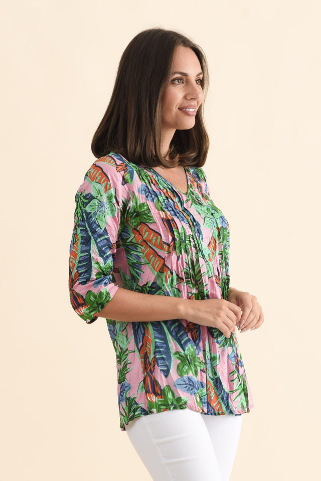 Fia Pink Tropical Sleeved Crinkle Cotton Top,Brunette model,alt text|model:MJ image 4