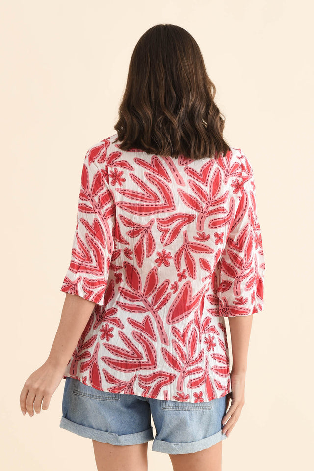 Fia Red Leaf Sleeved Crinkle Cotton Top,Back,Brunette model,alt text|model:MJ image 4