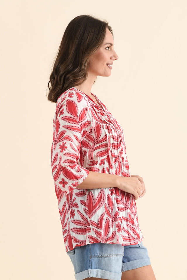 Fia Red Leaf Sleeved Crinkle Cotton Top,Side,Brunette model,alt text|model:MJ image 3