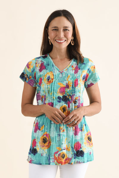 Fia Sky Blue Flower Crinkle Cotton Top