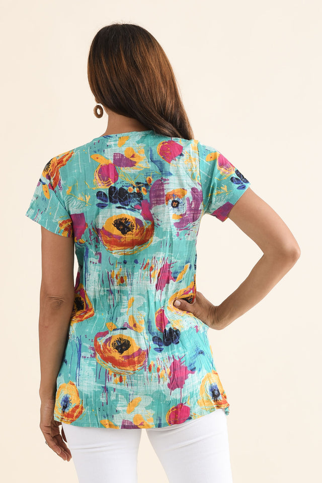 Fia Sky Blue Flower Crinkle Cotton Top,Back,Brunette model,alt text|model:Cara image 4