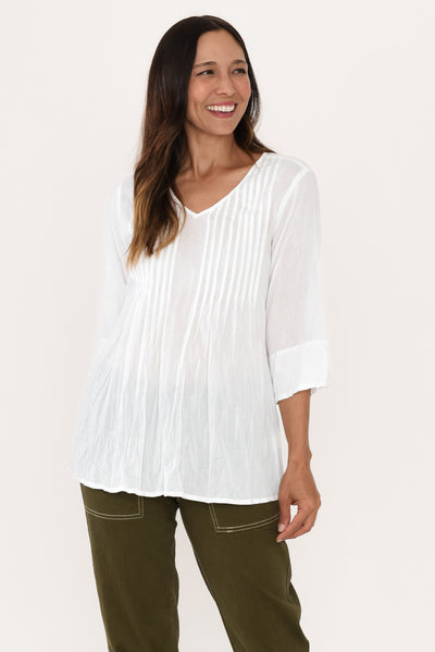 Fia White Sleeved Crinkle Cotton Top