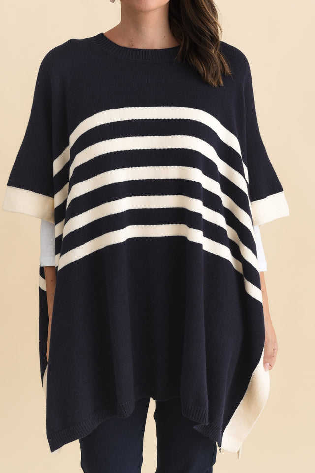 Fidelia Navy Stripe Knit Poncho,Brunette model,alt text|model:MJ image 6