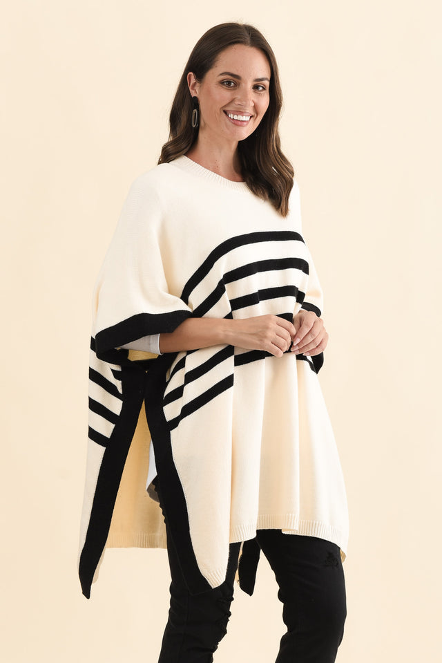 Fidelia White Stripe Knit Poncho,Brunette model,alt text|model:MJ image 5