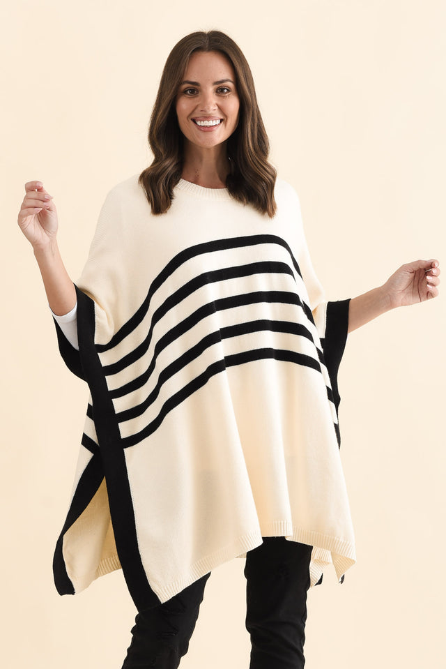 Fidelia White Stripe Knit Poncho,Brunette model,alt text|model:MJ