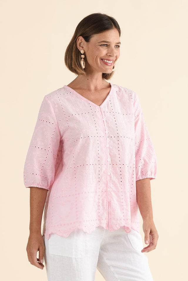 Fira Blush Cotton Embroidered Top,Side,Brunette model,alt text|model:Laura image 3