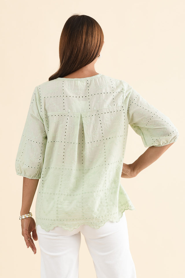 Fira Sage Cotton Embroidered Top,Back,Brunette model,alt text|model:Cara image 4