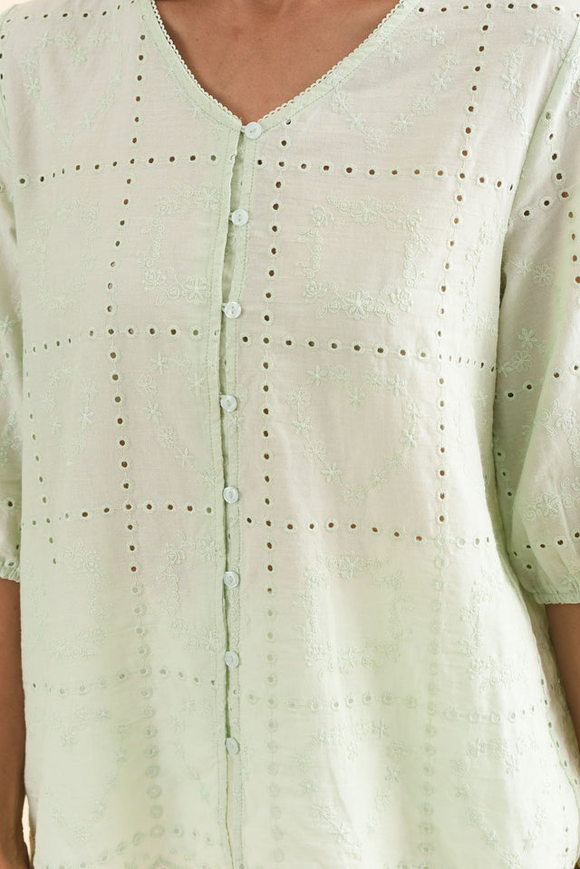 Fira Sage Cotton Embroidered Top,Detail,Brunette model,alt text|model:Cara image 5