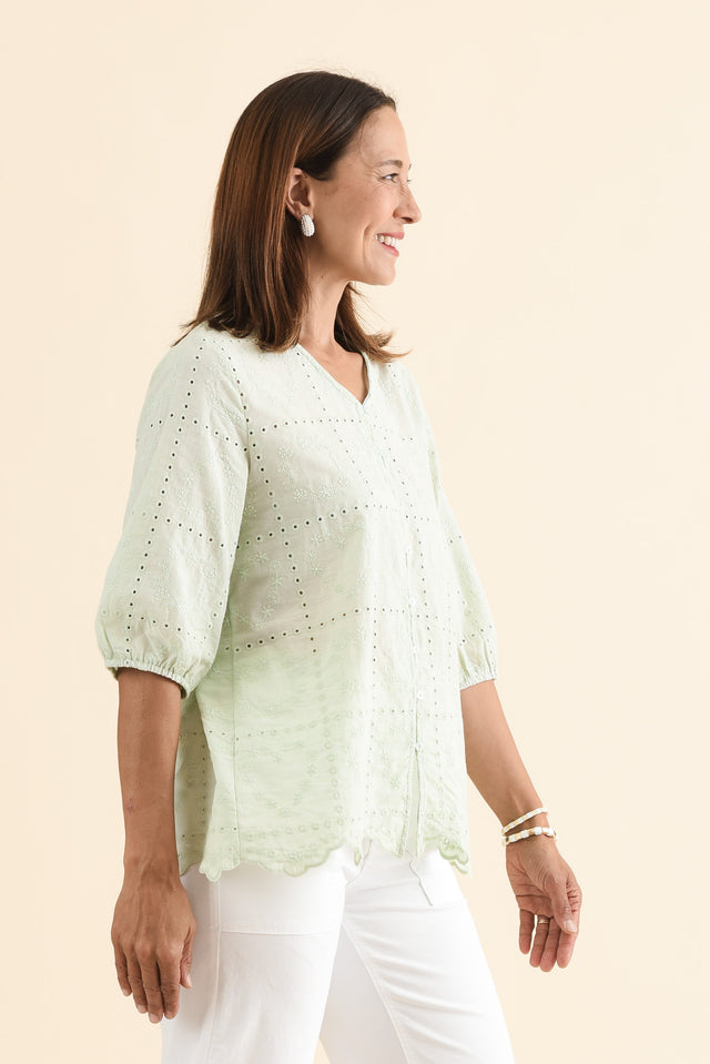 Fira Sage Cotton Embroidered Top,Side,Brunette model,alt text|model:Cara image 3