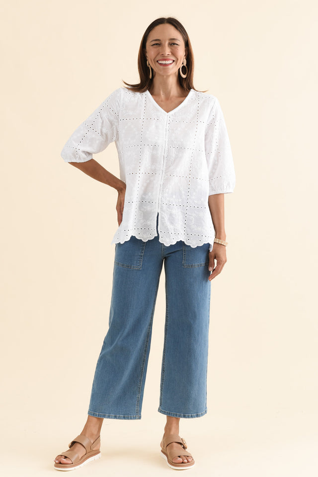 Fira White Cotton Embroidered Top,Full Body,Brunette model,alt text|model:Cara