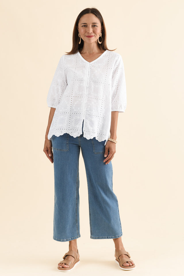 Fira White Cotton Embroidered Top,Full Body,Brunette model,alt text|model:Cara image 6
