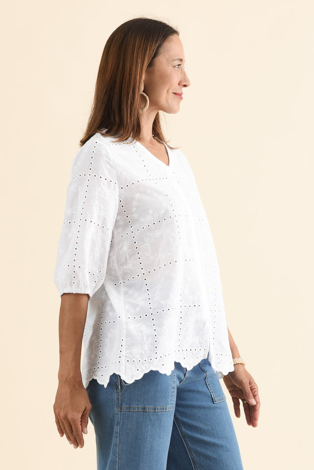 Fira White Cotton Embroidered Top,Side,Brunette model,alt text|model:Cara image 3