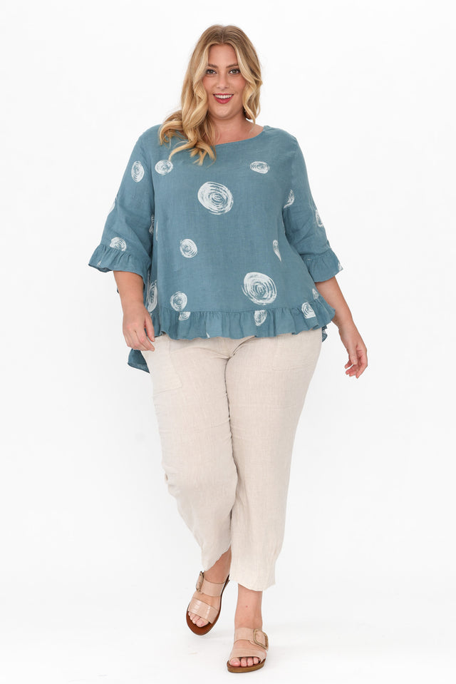 Fitzgerald Blue Spot Linen Frill Top