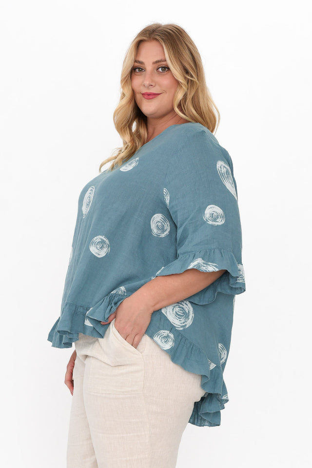 Fitzgerald Blue Spot Linen Frill Top