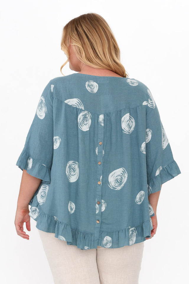 Fitzgerald Blue Spot Linen Frill Top