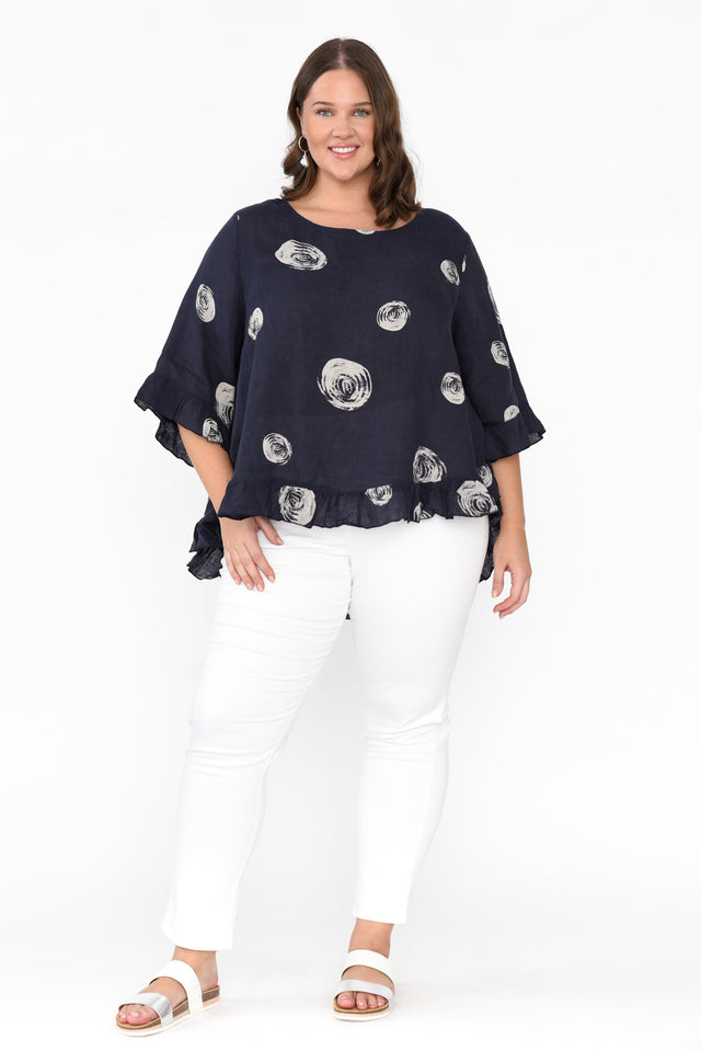 Fitzgerald Navy Spot Linen Frill Top