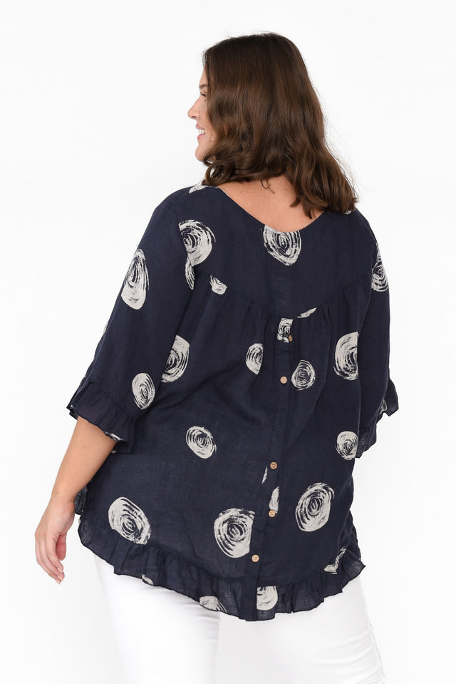 Fitzgerald Navy Spot Linen Frill Top
