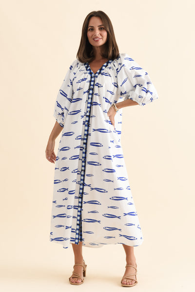 Florence Blue Sea Cotton Tie Dress