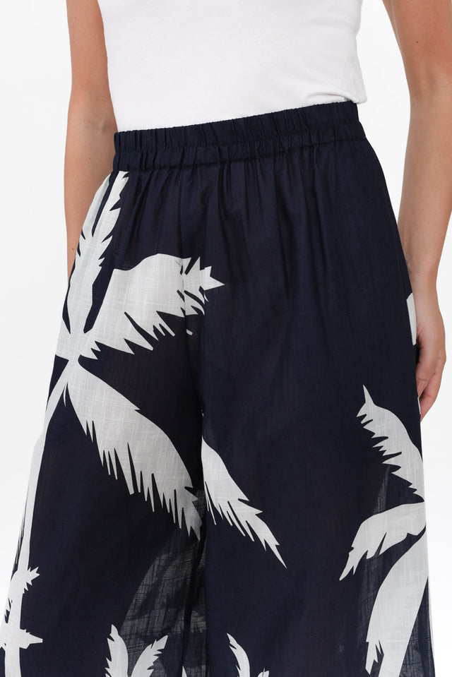 Fly Away Navy Palm Cotton Pants,Brunette model,alt text|model:MJ image 6