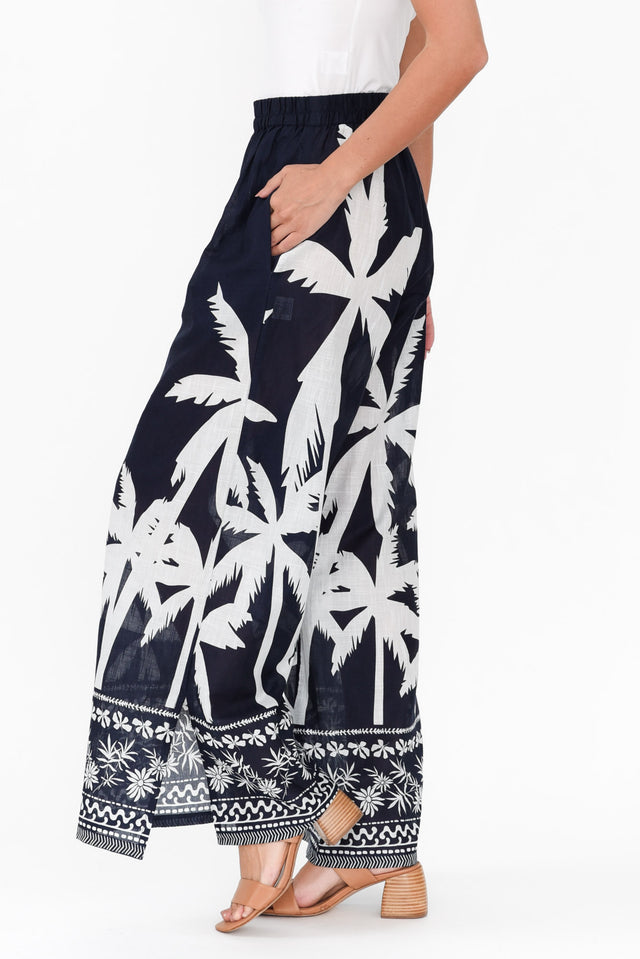Fly Away Navy Palm Cotton Pants,Brunette model,alt text|model:MJ image 4