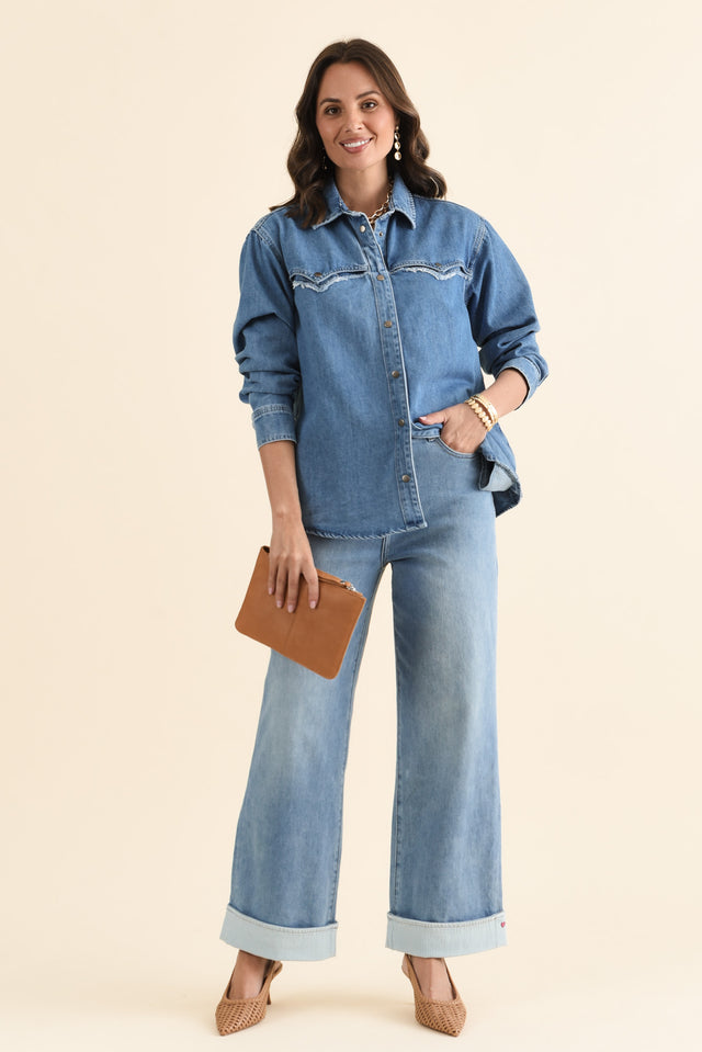 Deb Mid Blue Denim Wide Leg Jeans,brunette model,Full Outfit,alt text|model:MJ image 2