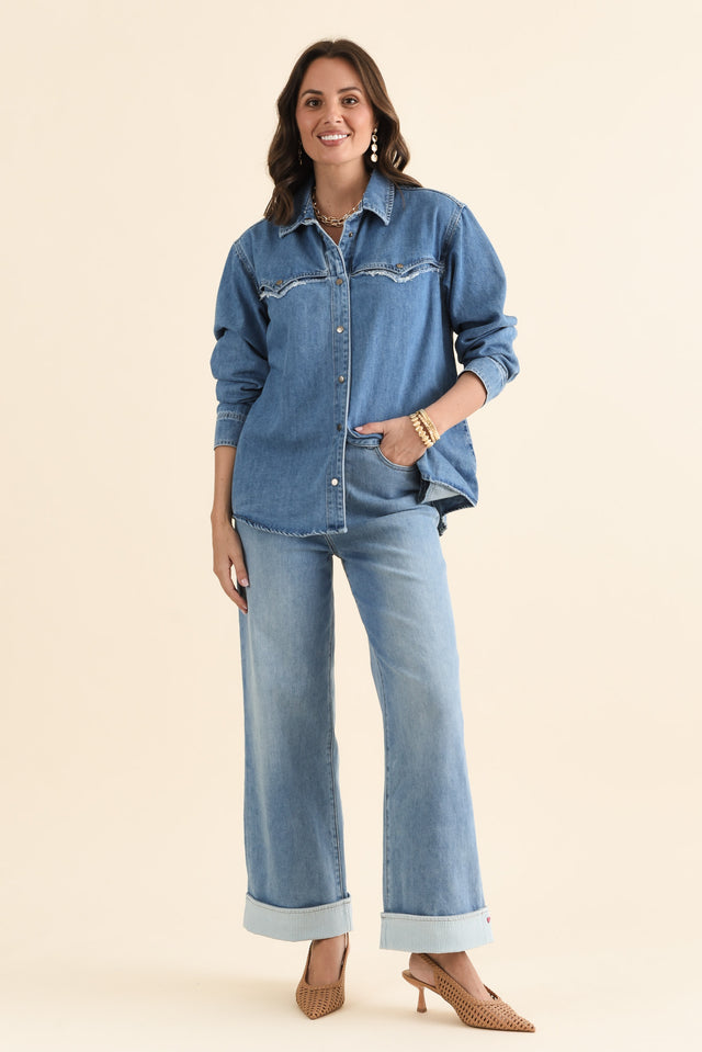 Flynn Blue Denim Button Shirt,brunette model,Full Outfit,alt text|model:MJ image 6