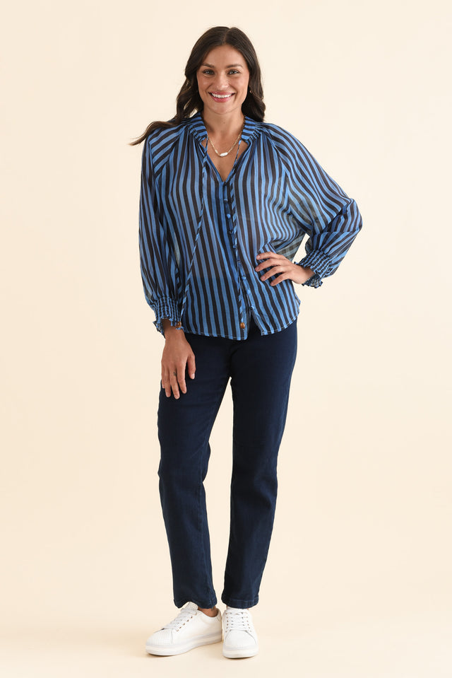 Fontie Blue Stripe Cotton Blouse,Full Body,Brunette model,alt text|model:Brontie image 2