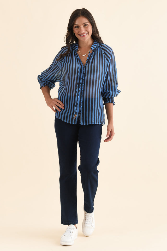 Fontie Blue Stripe Cotton Blouse,Full Body,Brunette model,alt text|model:Brontie image 6