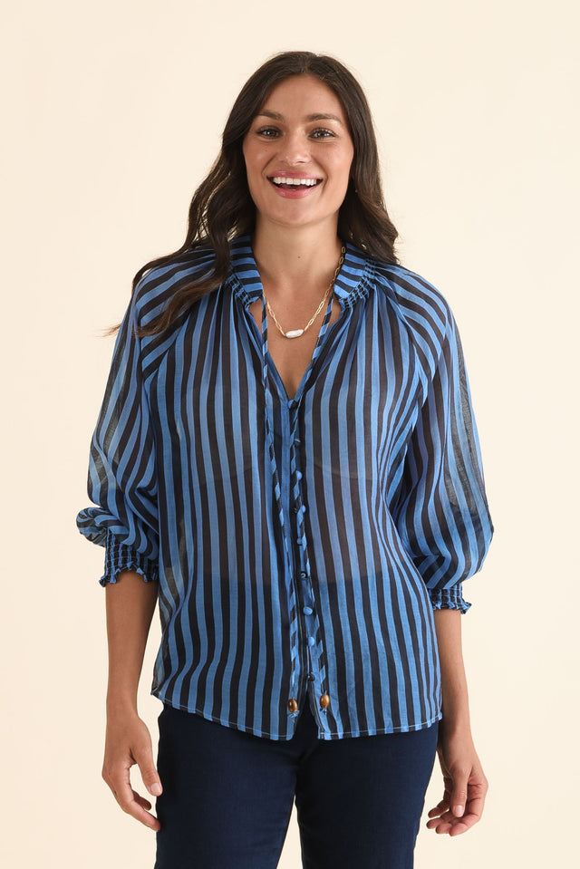 Fontie Blue Stripe Cotton Blouse,Front,Brunette model,alt text|model:Brontie image 1