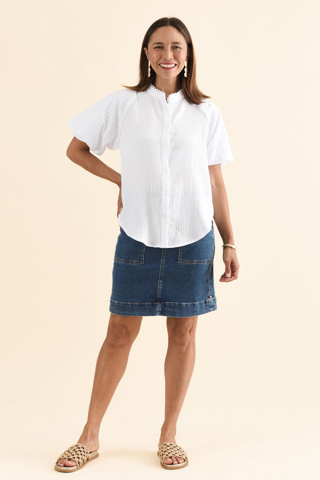 Frances White Cotton Embroidered Shirt,Full Body,Brunette model,alt text|model:Cara