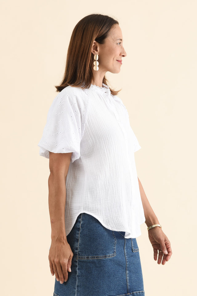 Frances White Cotton Embroidered Shirt,Side,Brunette model,alt text|model:Cara image 3