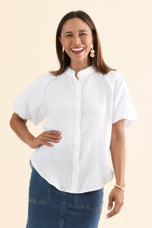 Frances White Cotton Embroidered Shirt,Front,Brunette model,alt text|model:Cara