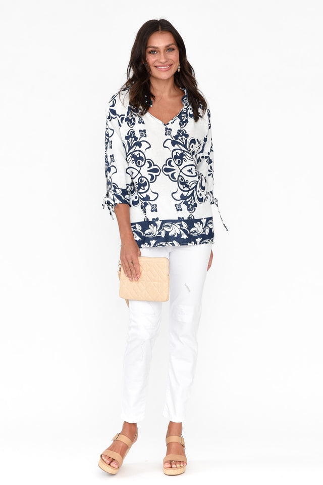 Hebe Navy Floral Linen Frill Top