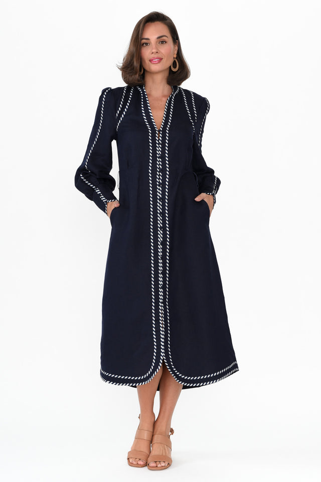 Nova Navy Ink Linen Blend Dress,Brunette model,alt text|model:MJ