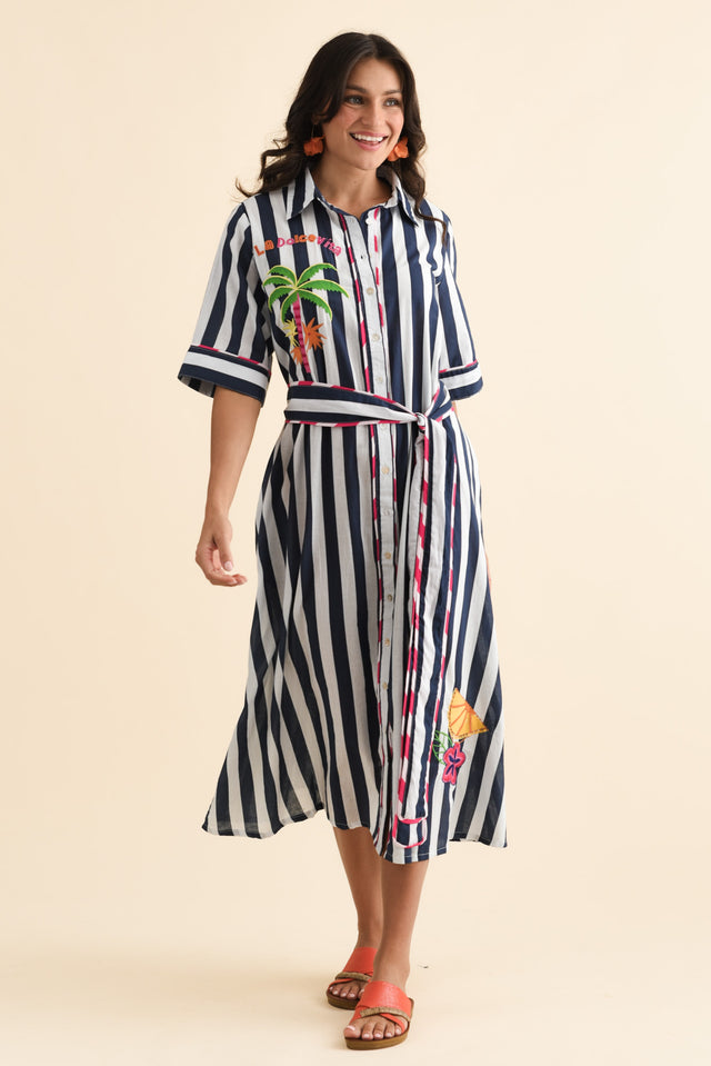 Franklin Navy Stripe Cotton Shirt Dress,Brunette model,alt text|model:Brontie image 3