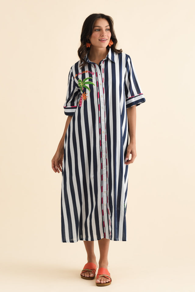 Franklin Navy Stripe Cotton Shirt Dress,Brunette model,alt text|model:Brontie image 7