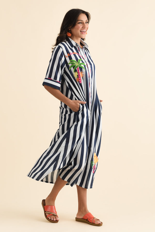 Franklin Navy Stripe Cotton Shirt Dress,Brunette model,alt text|model:Brontie image 5
