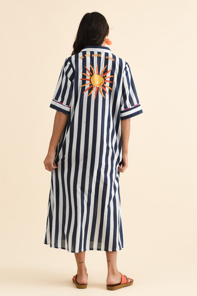 Franklin Navy Stripe Cotton Shirt Dress,Brunette model,alt text|model:Brontie image 4