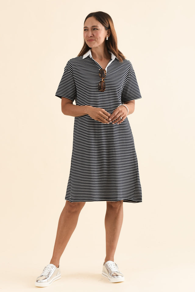 Freddy Navy Stripe Cotton Polo Dress,Front,Brunette model,alt text|model:Cara image 1