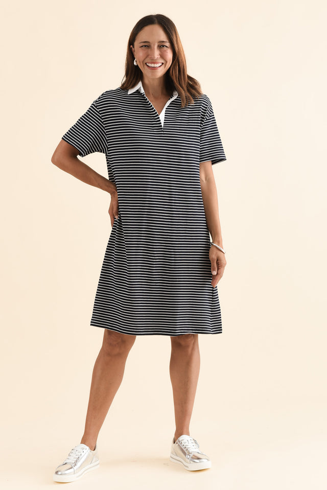 Freddy Navy Stripe Cotton Polo Dress,Full Body,Brunette model,alt text|model:Cara image 6
